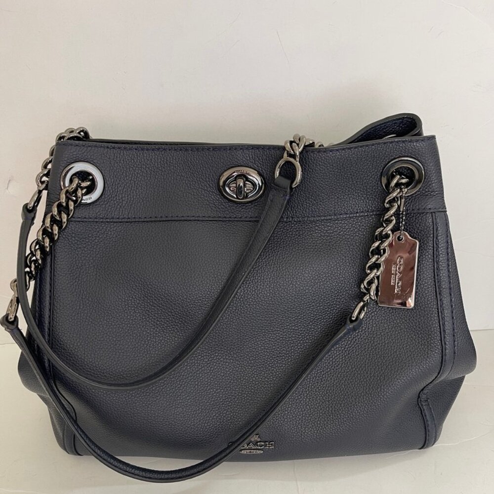 COACH Navy Blue Leather Satchel with Silver Chain Hardware: New with Dust Bag! - Picture 5 of 11